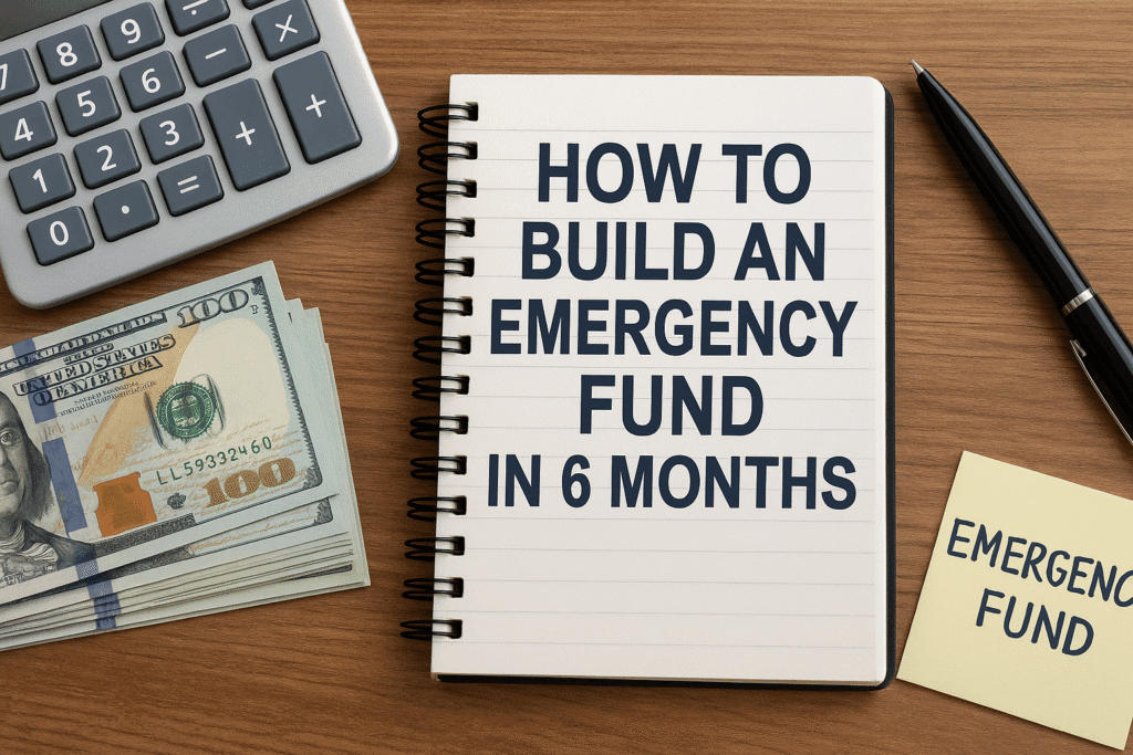 How to Build an Emergency Fund in 6 Months Realistic photo showing emergency fund planning with a notebook, cash, calculator, and the title How to Build an Emergency Fund in 6 Months.